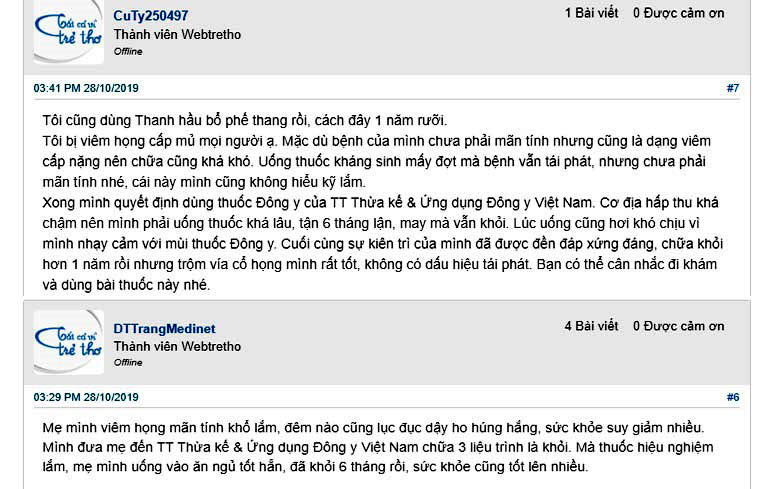 Những phản hồi của người dùng về bài thuốc Thanh Hầu Bổ Phế thang trị viêm họng trên webtretho